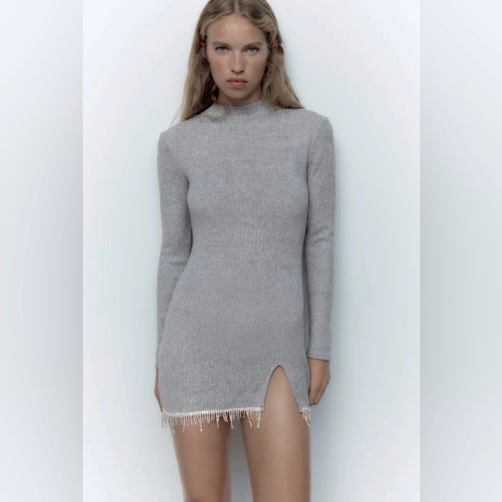 Zara crystal embellished tassel hem gray sweater mini slit dress Small